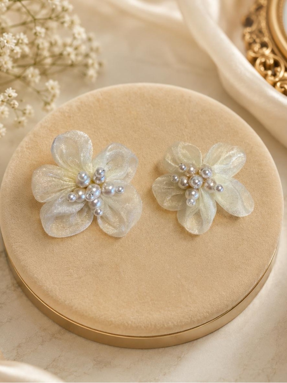 Handmade very light weight Delicate Pearl Center Ivory Flower Earrings